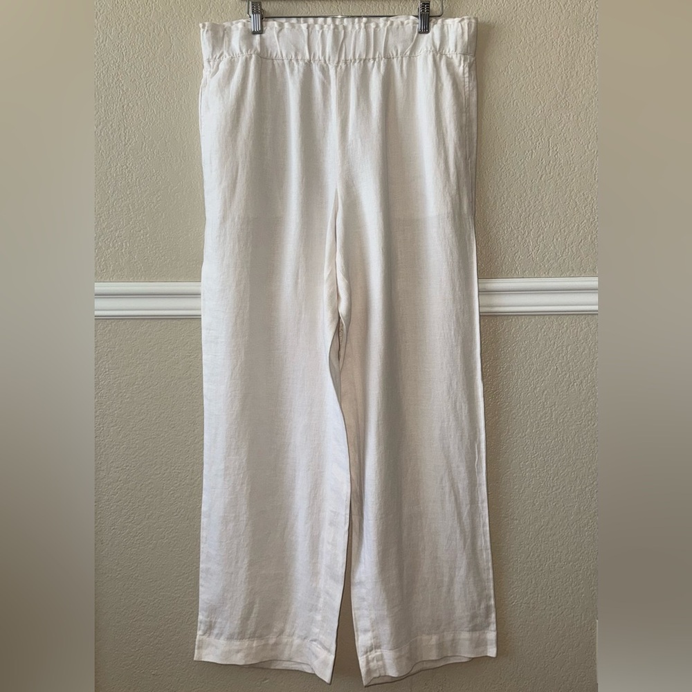 Talbots 100% Linen Nantucket Wide Leg Pants Crisp White Pull On Elastic Waist L - Picture 13 of 14